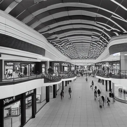 Image similar to springfield mall virginia 1980s, photorealistic, 8k, award winning, black and white