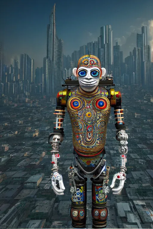 Image similar to high quality 3 d render happy cyborg! man monkey hybrid madhubani, highly detailed, cyberpunk!! mumbai in the background, unreal engine cinematic smooth, szukalski ravi varma, moody light, low angle, uhd 8 k, sharp focus