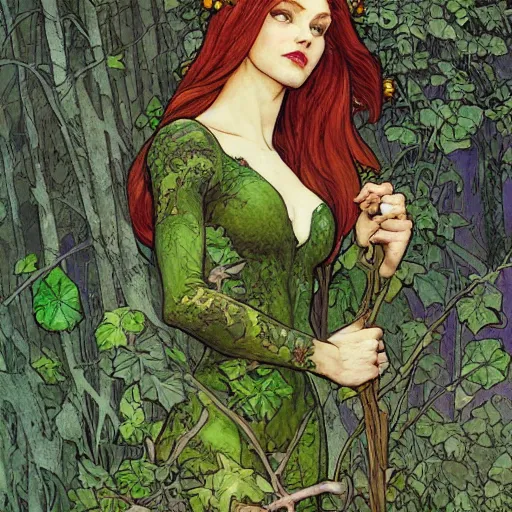 Image similar to a beautiful painting of poison ivy dressed as mary jane watson, intricate, elegant, highly detailed, digital painting, artstation, concept art, matte, sharp focus, illustration, art byby rebecca guay and by arthur rackham and by alphonse mucha and by john william waterhouse, comic book style!!