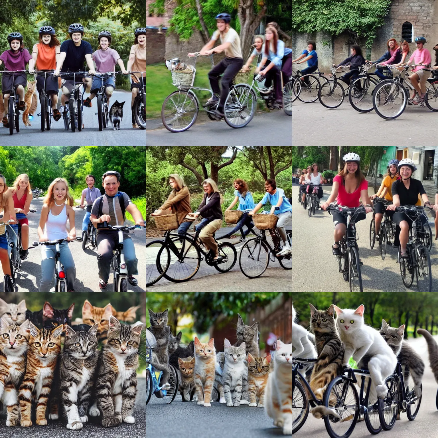 Prompt: group of cats!!!!!!!!! riding bicycles