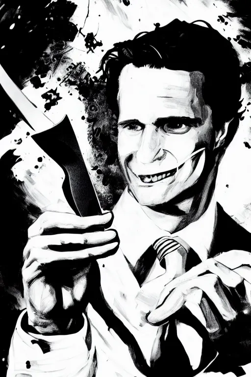 Prompt: black and white illustration of Patrick Bateman holding a big knife, neo noir style, Frank Miller creative design, body horror