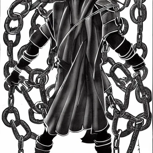 Image similar to A FULL BODY PORTRAIT FROM BEHIND OF MADARA UCHIHA ,THE MAN KEEPS A KUSARIGAMA AND IT IS WRAPPED IN CHAINS ,detailed, concept art, ink style , sketch