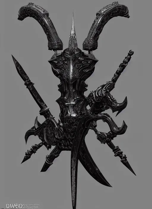 Image similar to a black long sword skull crest, orthographic, ornament, weapon, a 3 d render by dom qwek, front side full, trending on polycount, artstation, hard surface modeling, rendered in maya, zbrush, blender, hd, vray, berserk first person view, symmetry