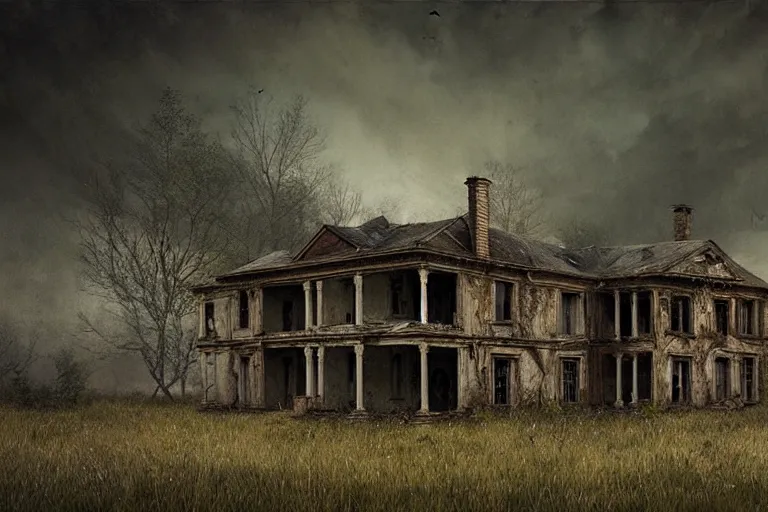 Prompt: dilapidated country estate, abandoned, eerie, spooky matte painting by andrea kowch, detailed realistic