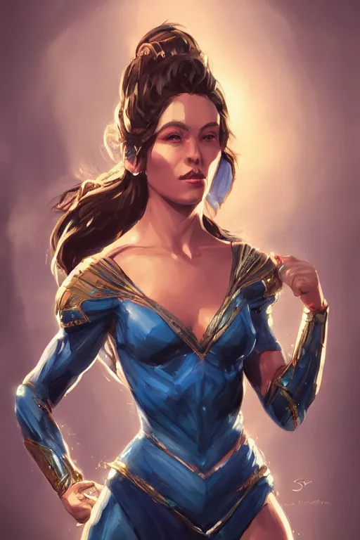 Image similar to three quarters portrait pose of a beautiful woman, strong body,super heroine costume,super powers, fantasy, intricate, elegant, highly detailed, digital painting, artstation, concept art,shining, sharp focus, illustration, art by Stanley Lau