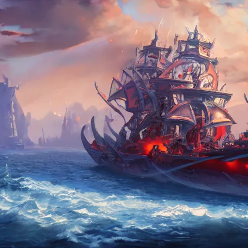 Image similar to arcane - style giant battleship, fire cannons, fire cannons. spear and axes, blue sea waves background, bright art masterpiece artstation. 8 k, sharp high quality artwork, concept art by tooth wu, blizzard warcraft artwork, hearthstone card artwork