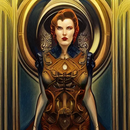 Image similar to a streamline moderne, art deco, art nouveau, dieselpunk painting in the style of donato giancola, and in the style of charlie bowater, and in the style of charles dulac. symmetry, smooth, sharp focus, semi - realism, intricate ultra fine detail.