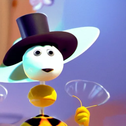 Image similar to a pixar still of a honeybee wearing a top hat