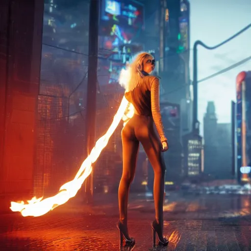 Prompt: beautiful young blonde russian woman from back with flames dancing on her hands with very long jacket in cyberpunk city, realistic, high definition, 4K, shimmering color, art of unreal engine 5