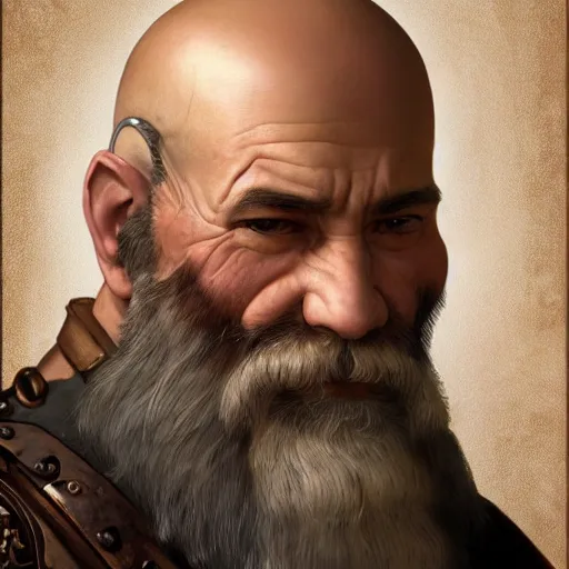 Prompt: Three quarters portrait of a bald male steampunk dwarf with long brown beard, highly detailed, digital painting, art by Stanley Lau and Artgerm and magali villeneuve and Alphonse Mucha, artstation, octane render, cgsociety
