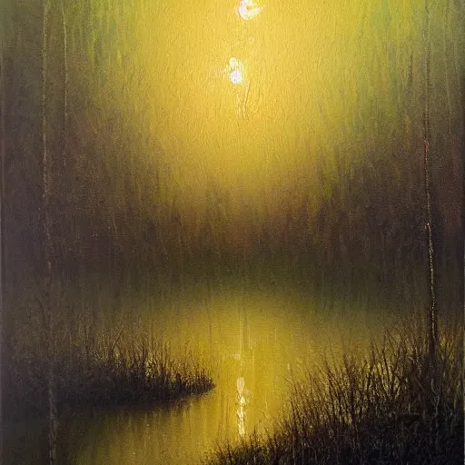 Prompt: will o'the wisp over a foggy swamp at twilight, very textured, highly detailed, oil painting