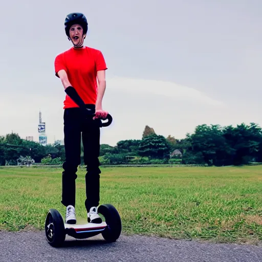 Prompt: man standing on electric onewheel unicycle scooter, man in naruto run pose, gopro, sports action, cinematic, product image