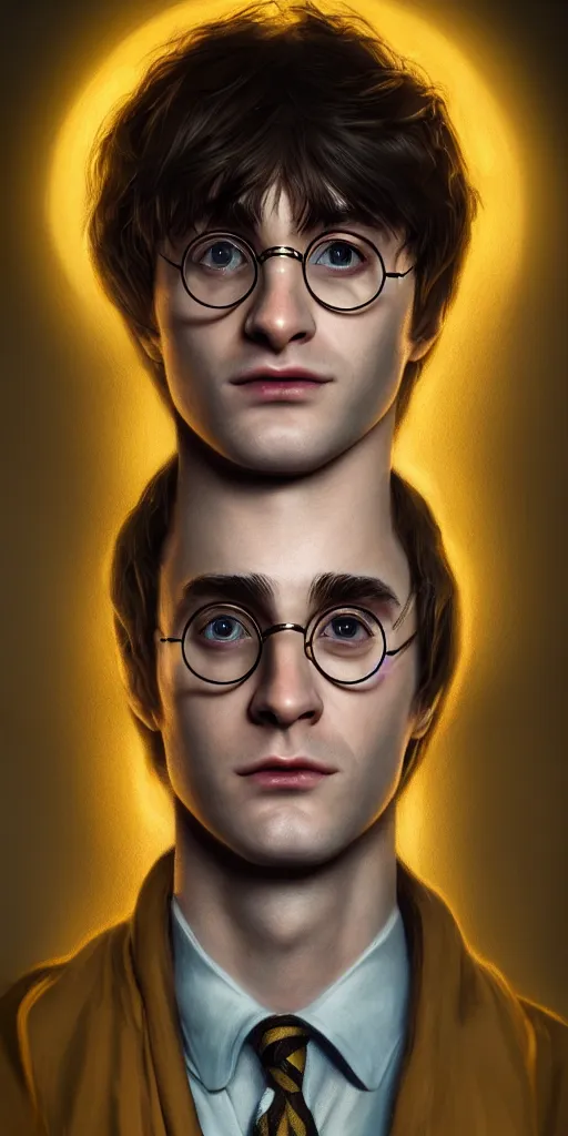 Prompt: Portrait of a harry potter with cyberpunk implant, elegant, photorealistic, highly detailed, artstation, smooth, sharp focus, gold ornaments, neon lighting, sci-fi, art by Klimt