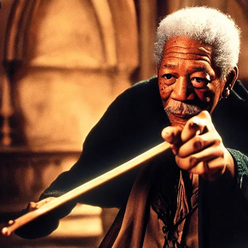 Prompt: still of morgan freeman in harry potter as harry holding a wand