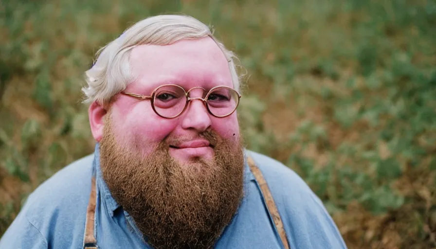 Prompt: far view, extremely fat obese mitch mcconnell with long beard, wearing dirty overalls, dirty greasy face, grin, portrait, close up, kodak gold 2 0 0, 5 0 mm,