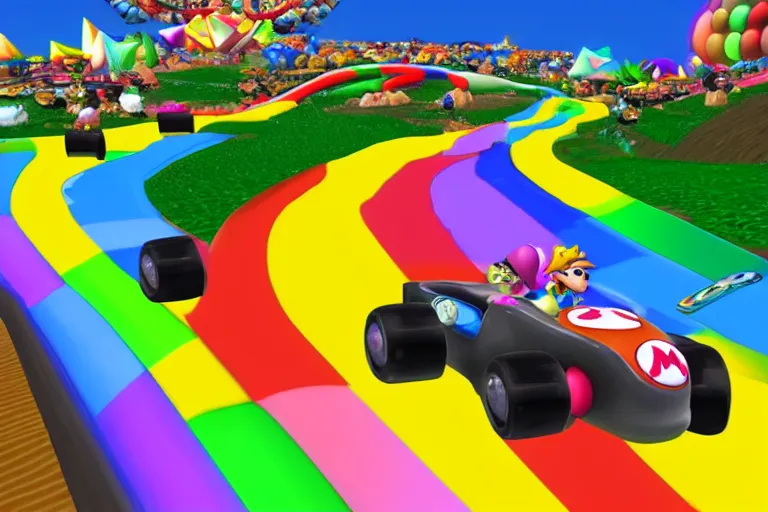 Prompt: Rainbow Road Mario Kart N64