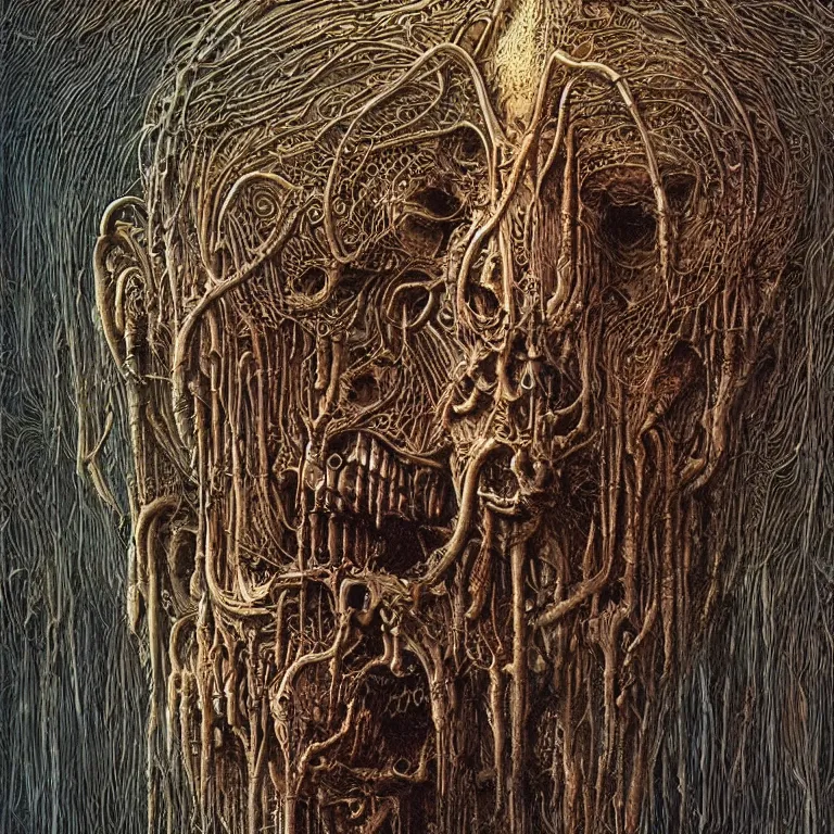 Image similar to organic cyborg alien skeleton alien centipede planet face style of peter gric zdzislaw beksinski surrealism poster art