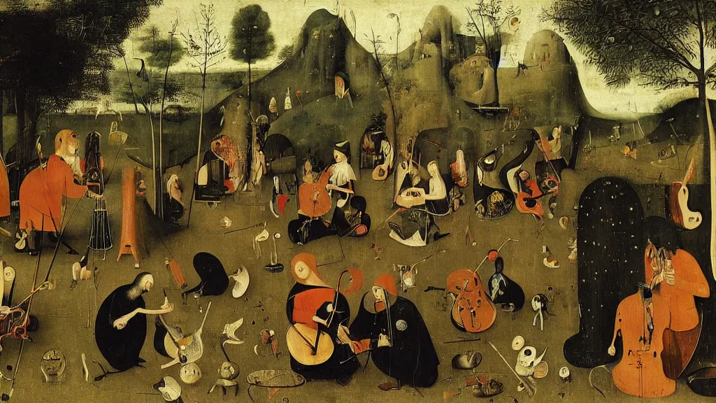 Image similar to The band Radiohead playing music in a garden by Hieronymus Bosch