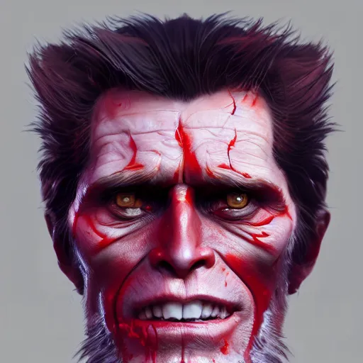 Image similar to Portrait of Willem Dafoe as the Devil, red skin, horns under his cheek, mattepainting concept Blizzard pixar maya engine on stylized background splash comics global illumination lighting artstation lois van baarle, ilya kuvshinov, rossdraws