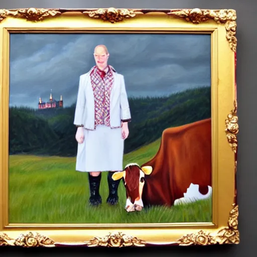 Prompt: painting by larsson, cow, dressed, anthropomorphic!!, wearing!!! clothes!!!, standing next to royal castle!!!