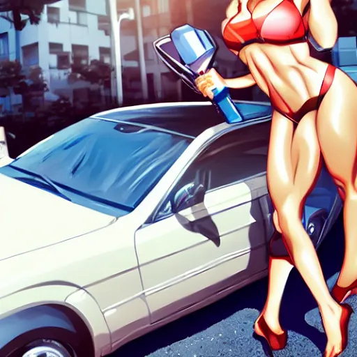 Image similar to Anime young woman with huge steroid muscles picking up a car in Tokyo.