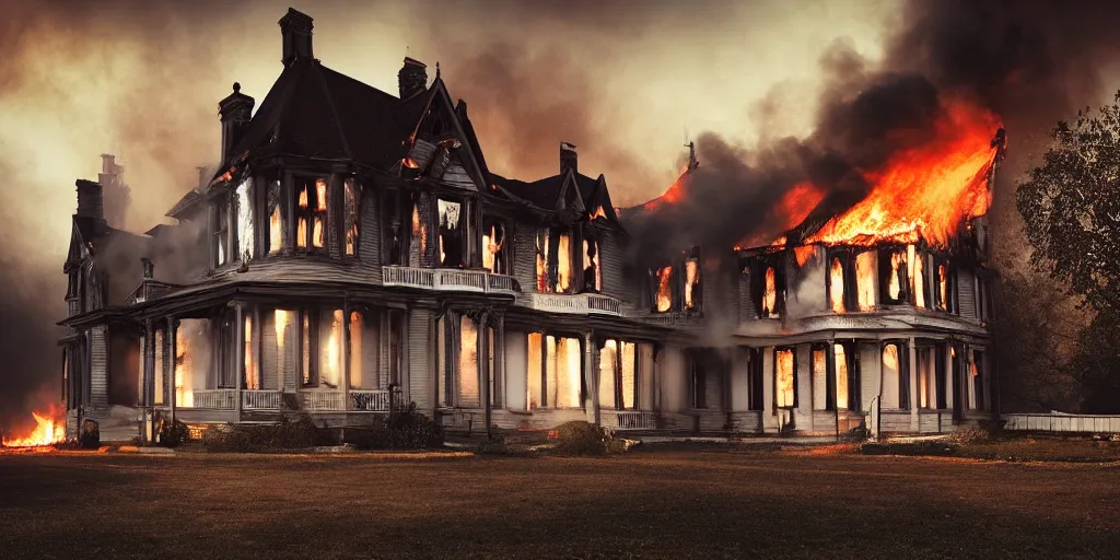 Prompt: victorian house on fire, cinematic, atmospheric, realistic