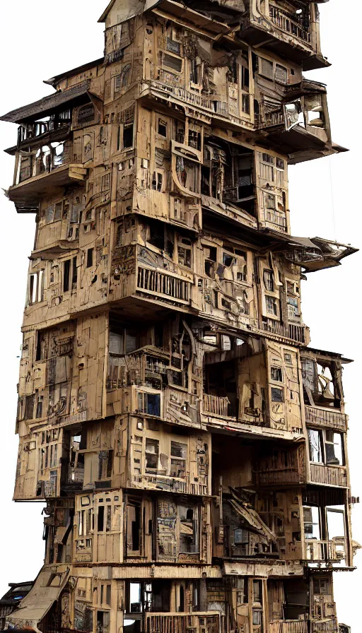 Image similar to tall cardboard house made of junk, multiple floors over hanging one another, unorganized architecture, intricate detail