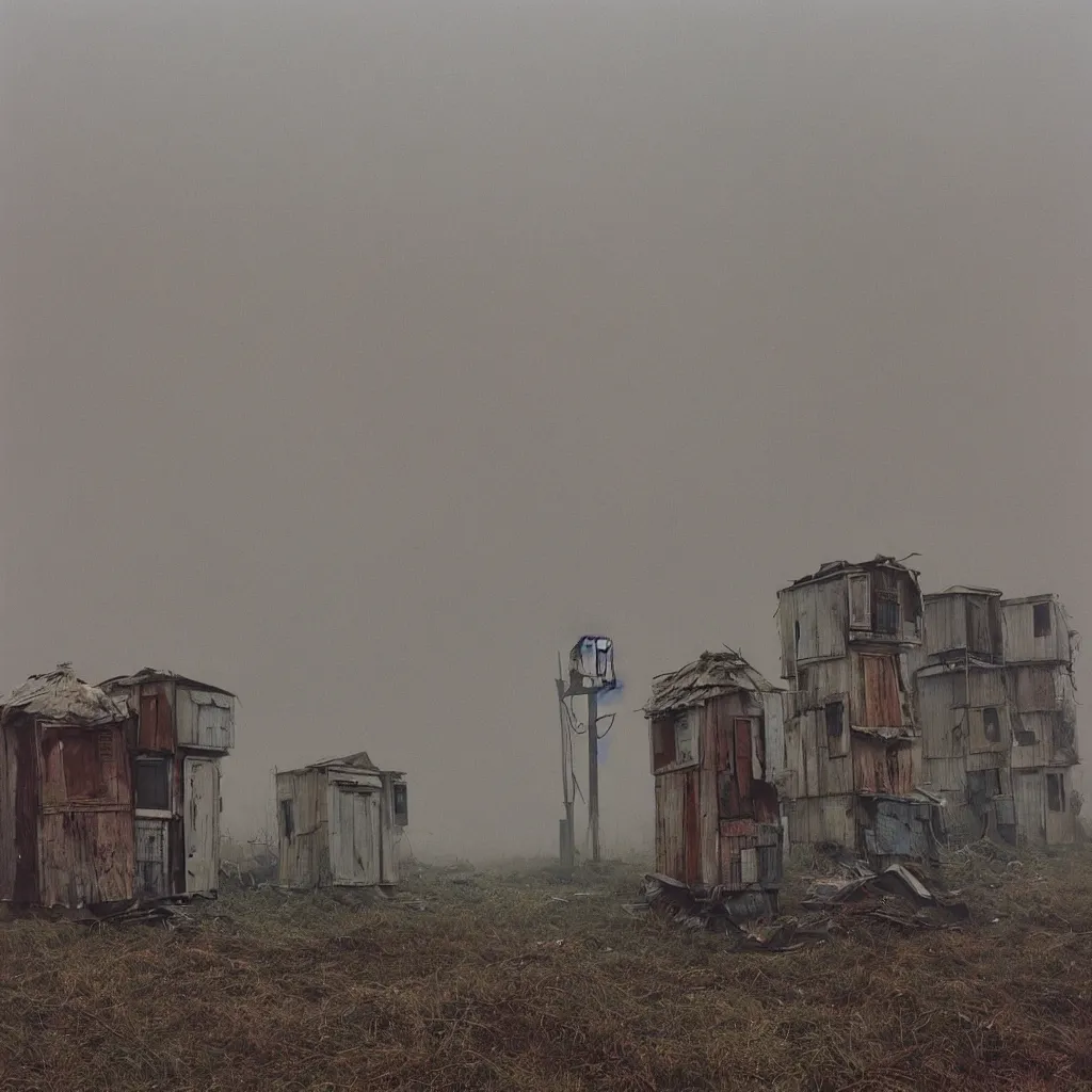 Prompt: two towers, made up of makeshift squatter shacks with faded colours, uneven dense fog, dystopia, mamiya, f 1 1, fully frontal view, photographed by jeanette hagglund