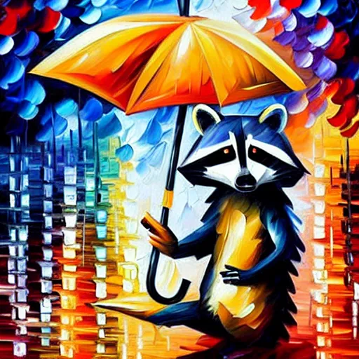 Prompt: raccoon with umbrella in the rain, by leonid afremov