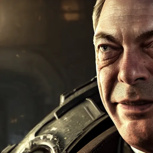 Prompt: Portrait of Nigel Farage in Gears of War, splash art, movie still, cinematic lighting, dramatic, octane render, long lens, shallow depth of field, bokeh, anamorphic lens flare, 8k, hyper detailed, 35mm film grain