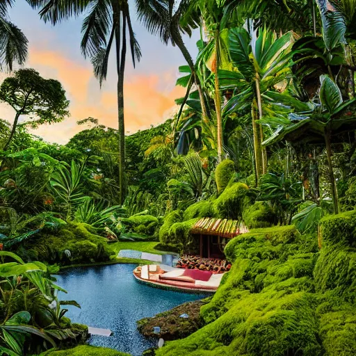 Image similar to a jungle giant mansion surrounded by moss and tropical flowers, with a sunset, by alex horley, bokeh photography