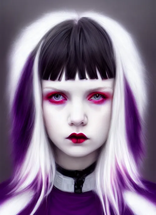 Image similar to portrait of white teenage girl, normal face, white bangs, mall goth, cyberlox, black and white hair, bangs, fluffy bangs, red contact lenses, purple lipstick, intricate, elegant, highly detailed, digital painting, artstation, concept art, sharp focus, smooth, illustration, art by wlop, mars ravelo and greg rutkowski