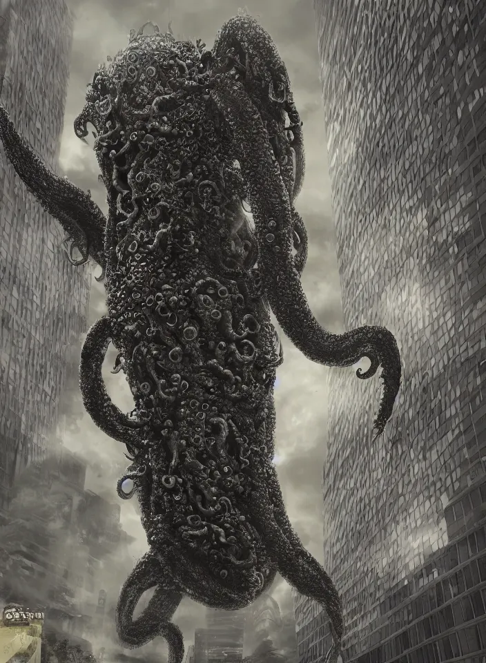 Prompt: A very giant Kraken-like multi-eyed monster jumped up with its jaws on a high-rise office building and wrapped his tentacles all around him. High detail, front view, hyperrealism, concept art, zoom, 8k