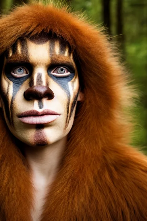 Image similar to a professional portrait photo of a neanderthal woman forest, face paint, ginger hair and fur, extremely high fidelity, natural lighting, national geographic magazine cover.