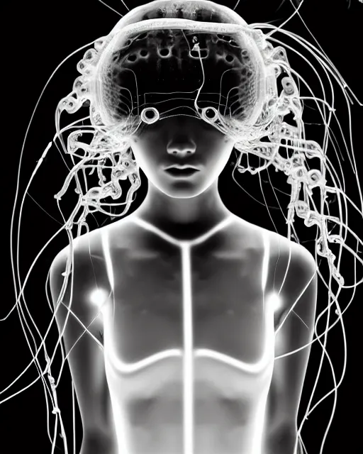 Prompt: black and white young female-cyborg-human-jellyfish-plant high quality photo, microchip, artificial intelligence, bio-mechanical bio-luminescence, black wired cables, neurons, nerve cells, octane render, cinematic, rim light, hyper realism, photo-realistic, high detail, 8k, masterpiece, high fashion, in the style of Dora Maar