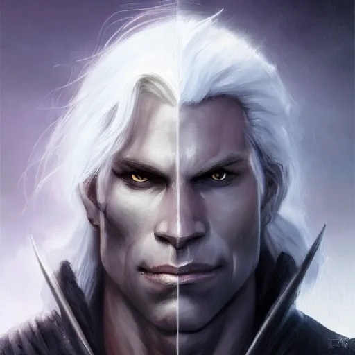 Image similar to realistic portrait of drizzt du orden by r. a. salvatore with thinner face, dark elf with purple eyes and white hair, trending on artstation, low angle oil painting and composition laws, cinematic lighting, hyperdetailed, cgsociety, 8 k