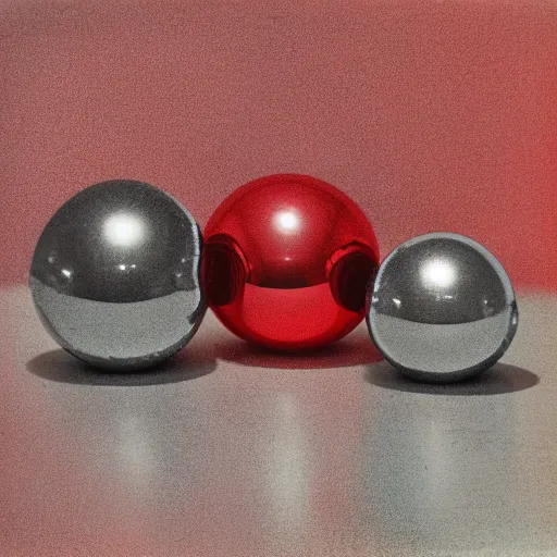 Prompt: chrome spheres on a red cube, daguerreotype