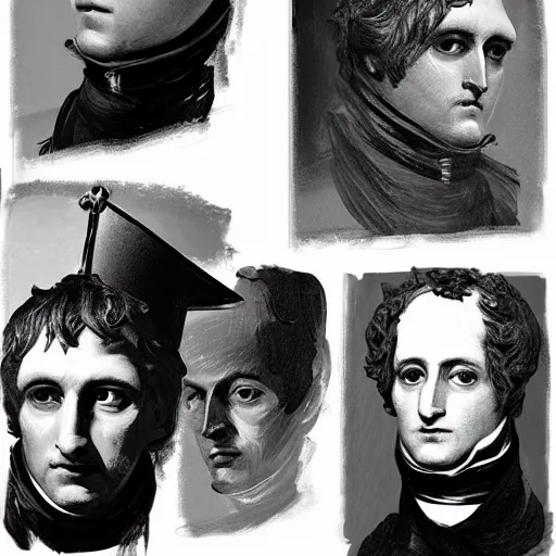 Image similar to faces reference sheet of napoleon bonaparte by ashley wood and j. m. w. turner, speed painting, monochrome