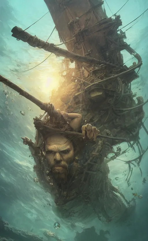 Image similar to full body of pirate finding an ancient trasure underwater, symmetrical face features, front game card, drark, marvel comics, dark, intricate, highly detailed, smooth, artstation, digital illustration by ruan jia and mandy jurgens and artgerm and wayne barlowe and greg rutkowski and zdislav beksinski