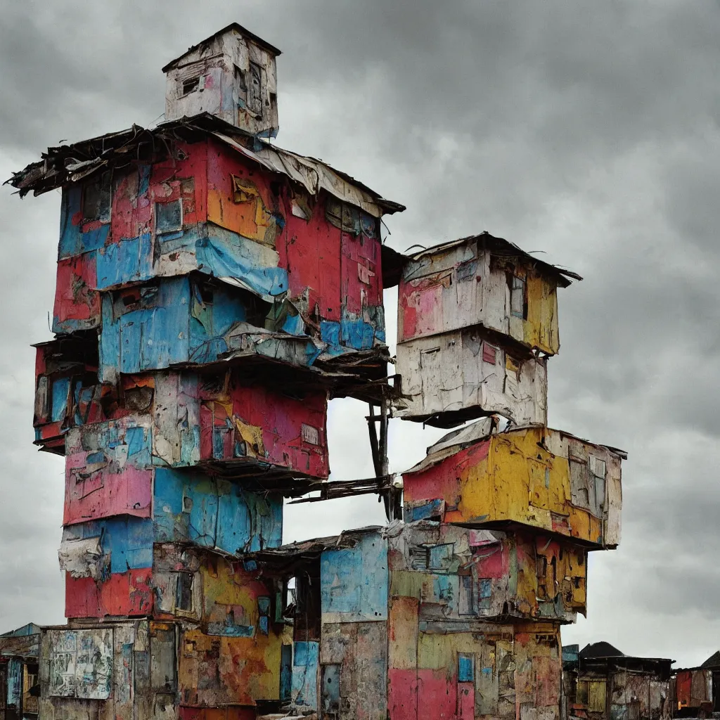 Prompt: close - up view of a tower made up of colourful makeshift squatter shacks, bleached colours, moody cloudy sky, dystopia, mamiya rb 6 7, very detailed, photographed by bruno barbey and brett whitely