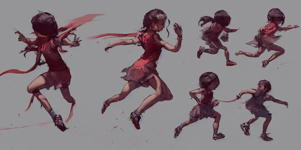 Image similar to cartoonish little girl running, vivid colors, character sheet, fine details, concept design, contrast, kim jung gi, greg rutkowski, trending on artstation, 8 k, full body, turnaround, front view, back view, ultra wide angle