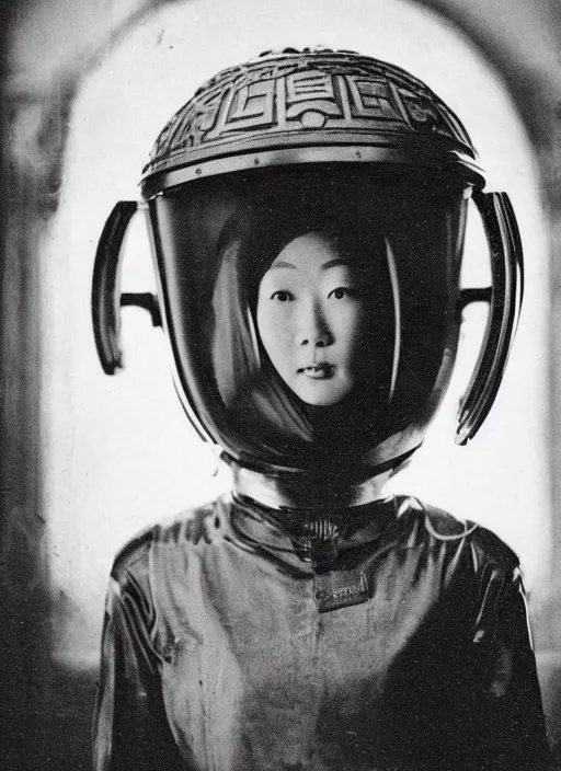 Image similar to old vintage photo of powerful Chinese ancient sentiel standing in the ancient temple during ritual big space suit helmet in front of her on the table, symmetrical face, big eyes and lips, looking at camera, subtle makeup, clean face and body skin,ecstatic expression,volumetric lights,depth of field, lens flares, dust in the air, moody lighting, intricate, elegant, highly detailed, centered, smooth, sharp focus, Donato Giancola, Joseph Christian Leyendecker, WLOP, Boris Vallejo, Artgerm moody photography, old photo, black and white, sepia, cinematic lighting, cinematic angle, national geographic