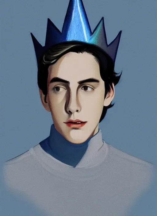 Image similar to portrait of teenage jughead jones wearing a light grey crown, crown, blue turtleneck, 1 9 5 0 s, closed eyes, photorealistic, black hair, glowing lighting, intricate, elegant, glowing lights, highly detailed, digital painting, artstation, concept art, smooth, sharp focus, illustration, art by wlop, mars ravelo and greg rutkowski