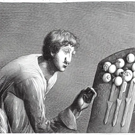 Image similar to portrait of a mark zuckerberg playing ping pong, gothic, cat eyes, hair waving in the wind, high detail, illustration by gustav dore