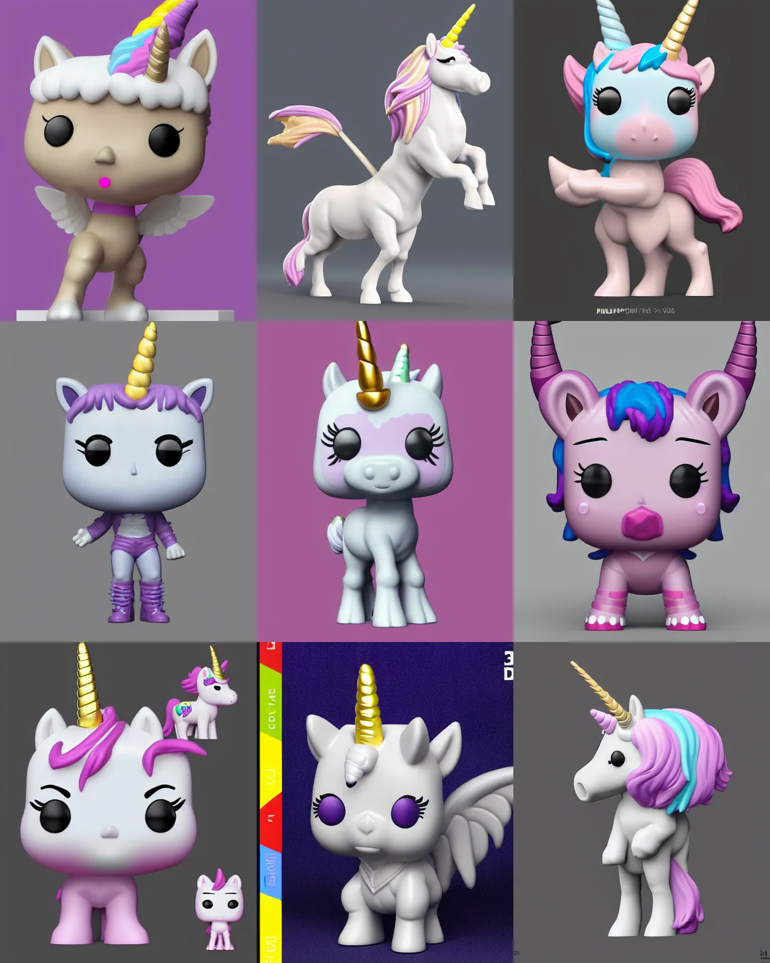 Prompt: full body 3 d render of unicorn as a funko pop!, studio lighting, white background, single body, no shadow, blender, trending on artstation, 8 k, highly detailed