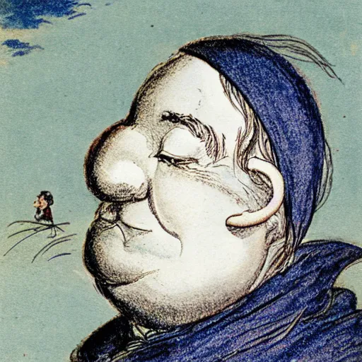 Prompt: crescent moon man smiling portrait, side view, surrounded by clouds, illustrated by peggy fortnum and beatrix potter and sir john tenniel