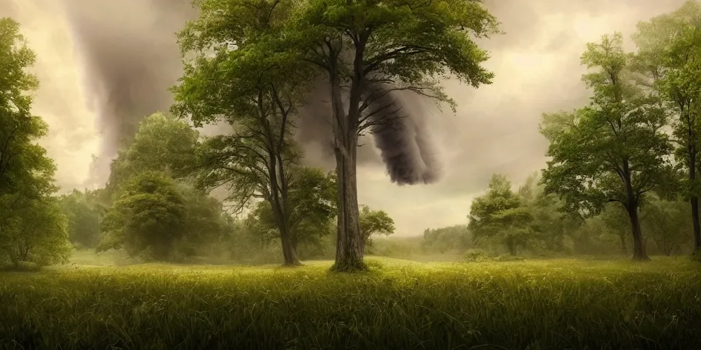 Image similar to A tornado in a beautiful scenic landscape, nature, trees, wide angle, super highly detailed, professional digital painting, artstation, concept art, smooth, sharp focus, no blur, no dof, extreme illustration, Unreal Engine 5, Photorealism, HD quality, 8k resolution, cinema 4d, 3D, beautiful, cinematic, art by artgerm and greg rutkowski and alphonse mucha and loish and WLOP