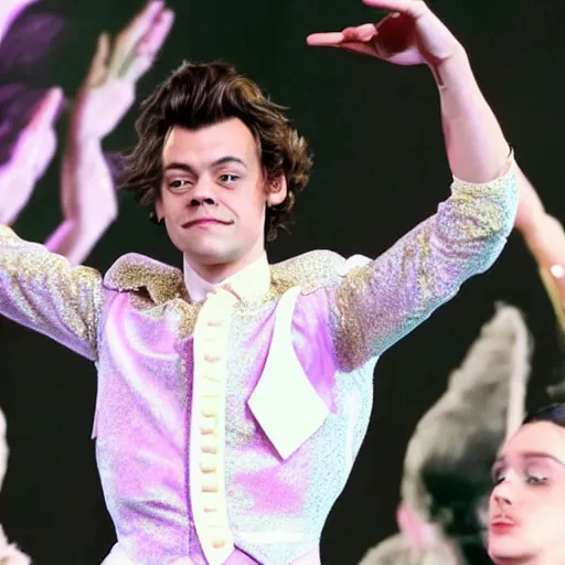 Image similar to Harry styles dressed as a princess preforming ballet