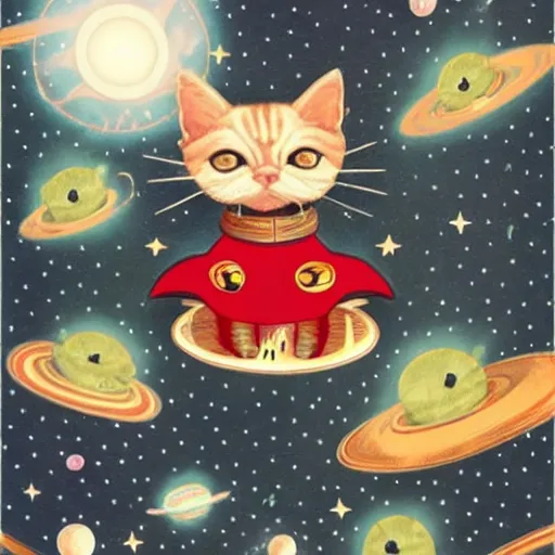 Image similar to a kitten wearing a cape floating through space surrounded by floating recliner chairs, galaxies, dramatic lighting, stars, suns, spirals