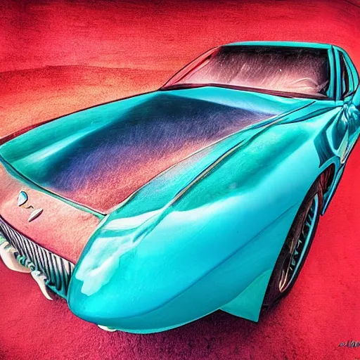 Prompt: deep turquoise color ice carved into the shape of a corvette, beauty shot, digital art, ultrareailstic